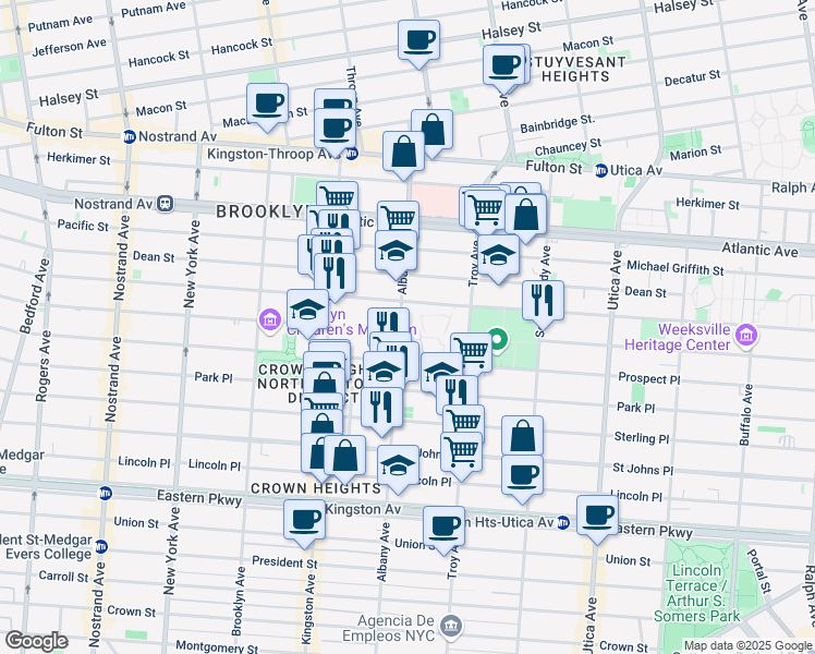 map of restaurants, bars, coffee shops, grocery stores, and more near 193 Albany Avenue in Brooklyn