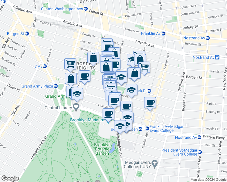 map of restaurants, bars, coffee shops, grocery stores, and more near 802 Washington Avenue in Brooklyn