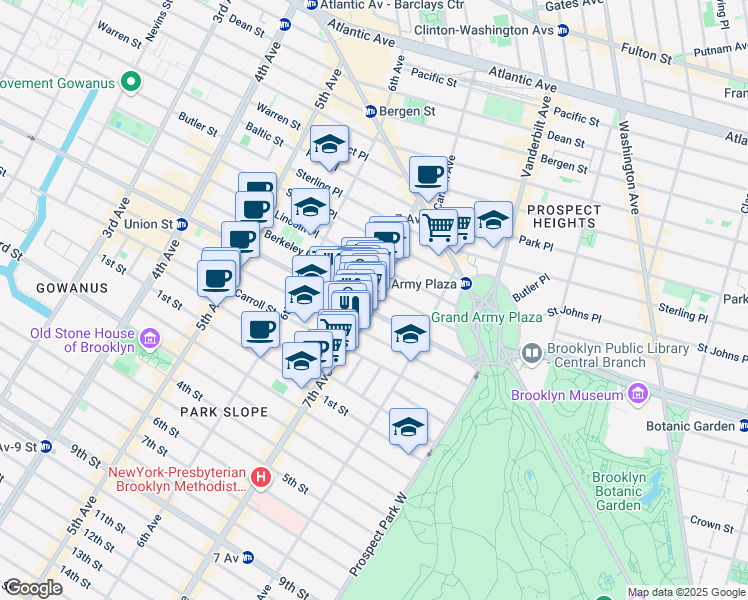map of restaurants, bars, coffee shops, grocery stores, and more near 109 7th Avenue in Brooklyn