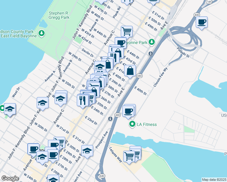 map of restaurants, bars, coffee shops, grocery stores, and more near 40 East 37th Street in Bayonne