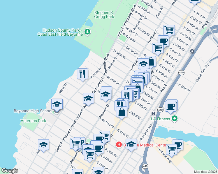 map of restaurants, bars, coffee shops, grocery stores, and more near in Bayonne