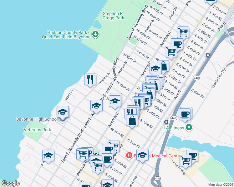 map of restaurants, bars, coffee shops, grocery stores, and more near in Bayonne