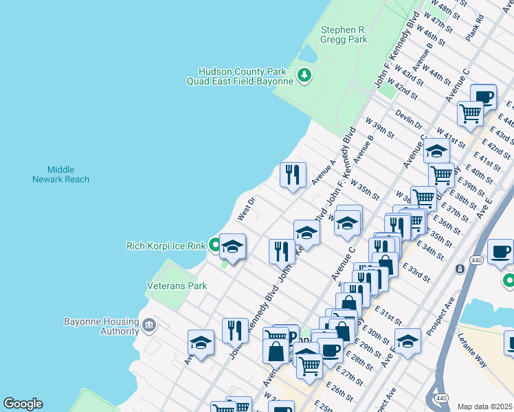 map of restaurants, bars, coffee shops, grocery stores, and more near 729 Avenue A in Bayonne