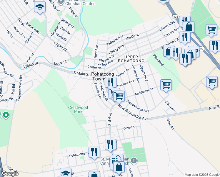 map of restaurants, bars, coffee shops, grocery stores, and more near 11 Sinclair Avenue in Phillipsburg