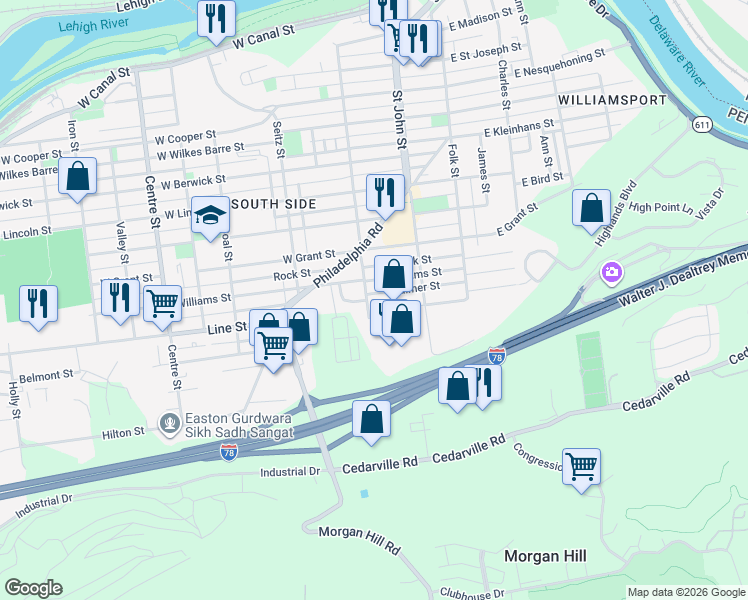 map of restaurants, bars, coffee shops, grocery stores, and more near 300 Palmer Street in Easton