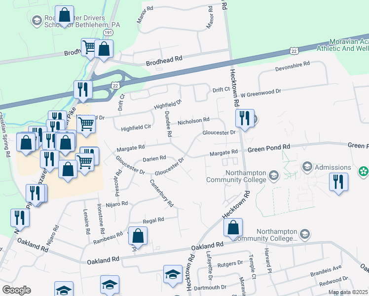 map of restaurants, bars, coffee shops, grocery stores, and more near 3532 Margate Road in Bethlehem