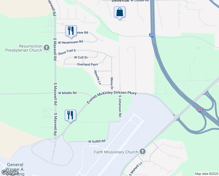 map of restaurants, bars, coffee shops, grocery stores, and more near 5800-5902 W Everett M. Dirksen Pkwy in Peoria