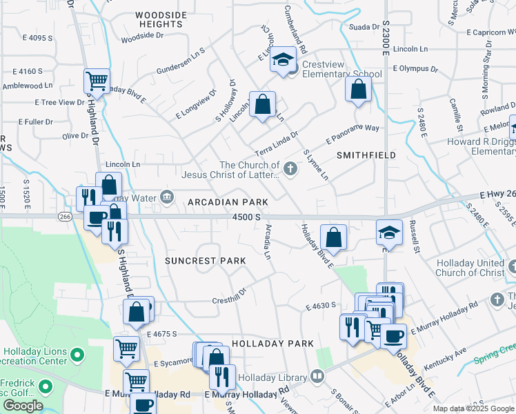map of restaurants, bars, coffee shops, grocery stores, and more near 4469 South Arcadia Lane in Holladay