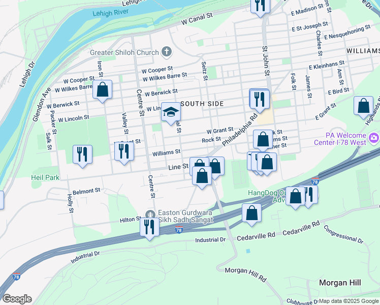 map of restaurants, bars, coffee shops, grocery stores, and more near 474 Williams Street in Easton