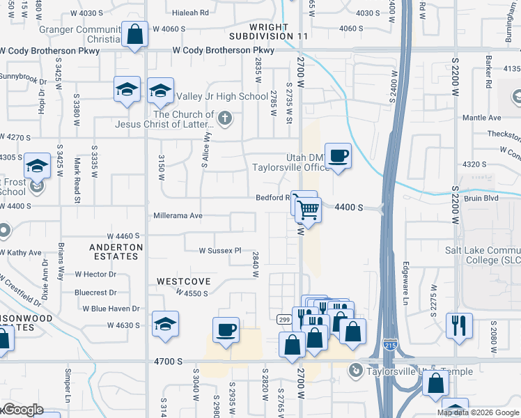 map of restaurants, bars, coffee shops, grocery stores, and more near Roxborough Court in West Valley City