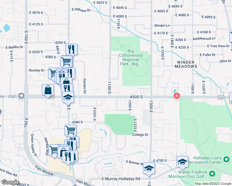 map of restaurants, bars, coffee shops, grocery stores, and more near 4498 East Hampton Lane in Millcreek