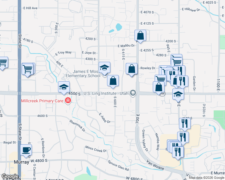map of restaurants, bars, coffee shops, grocery stores, and more near 4483 South 500 East in Millcreek
