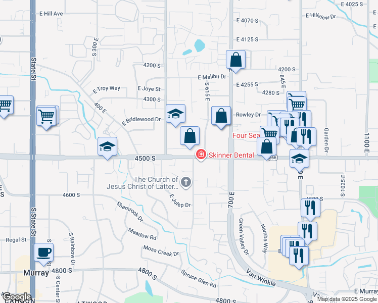 map of restaurants, bars, coffee shops, grocery stores, and more near 4483 South 500 East in Millcreek