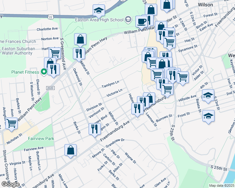 map of restaurants, bars, coffee shops, grocery stores, and more near 2726 Victoria Lane in Easton