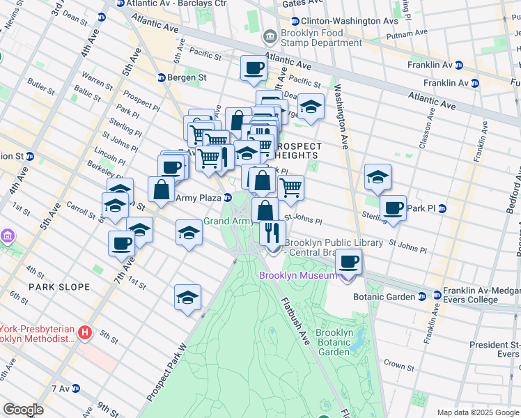 map of restaurants, bars, coffee shops, grocery stores, and more near Plaza Street East & Butler Place in Brooklyn