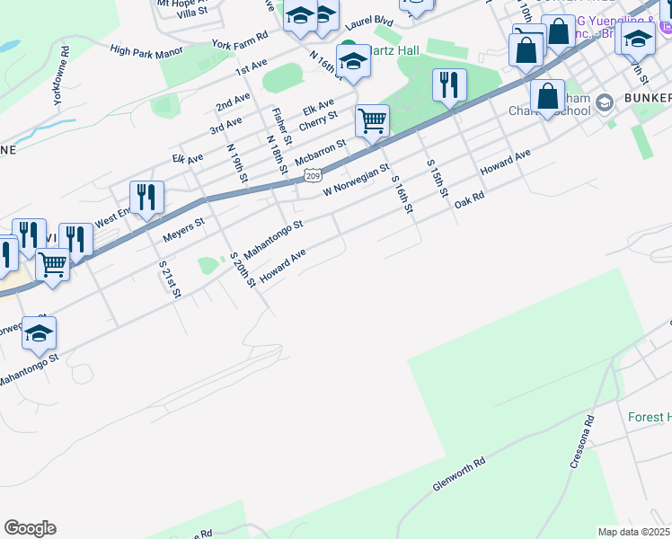 map of restaurants, bars, coffee shops, grocery stores, and more near 1815 Oak Road in Pottsville