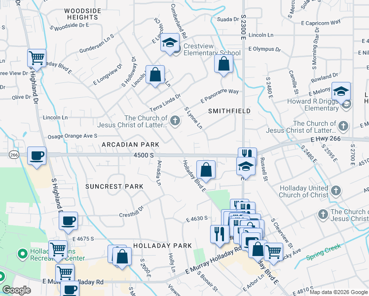 map of restaurants, bars, coffee shops, grocery stores, and more near 2140 East 4500 South in Holladay