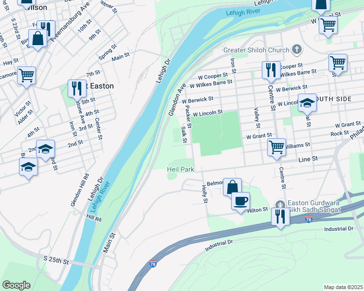 map of restaurants, bars, coffee shops, grocery stores, and more near Grant Street in Easton