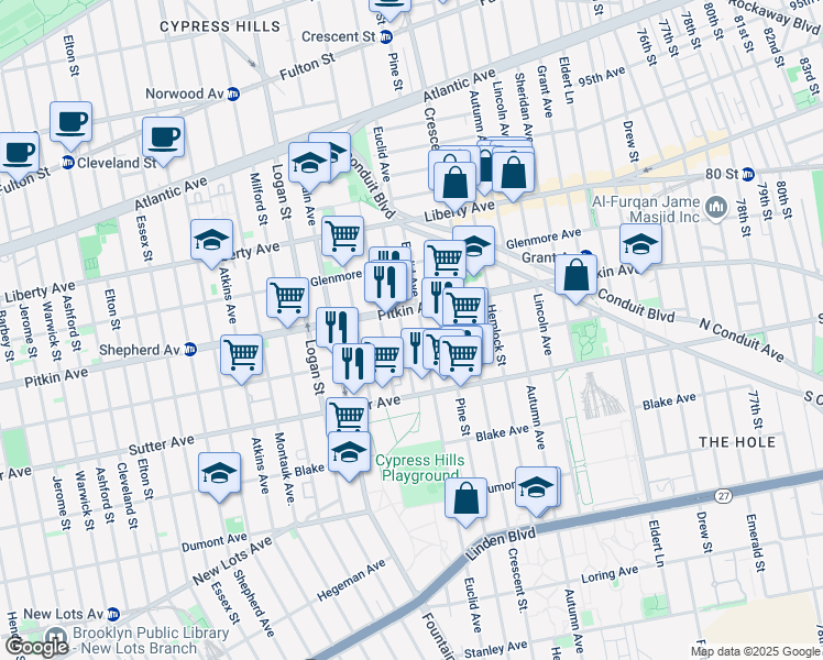 map of restaurants, bars, coffee shops, grocery stores, and more near 996 Belmont Avenue in Brooklyn