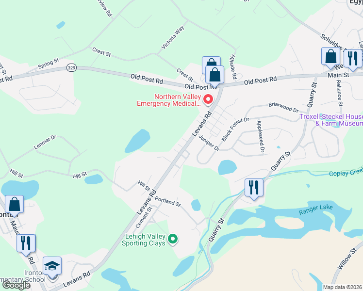 map of restaurants, bars, coffee shops, grocery stores, and more near 2526 Levans Road in Coplay