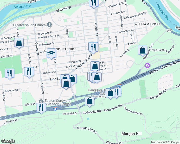 map of restaurants, bars, coffee shops, grocery stores, and more near 300 Palmer Street in Easton