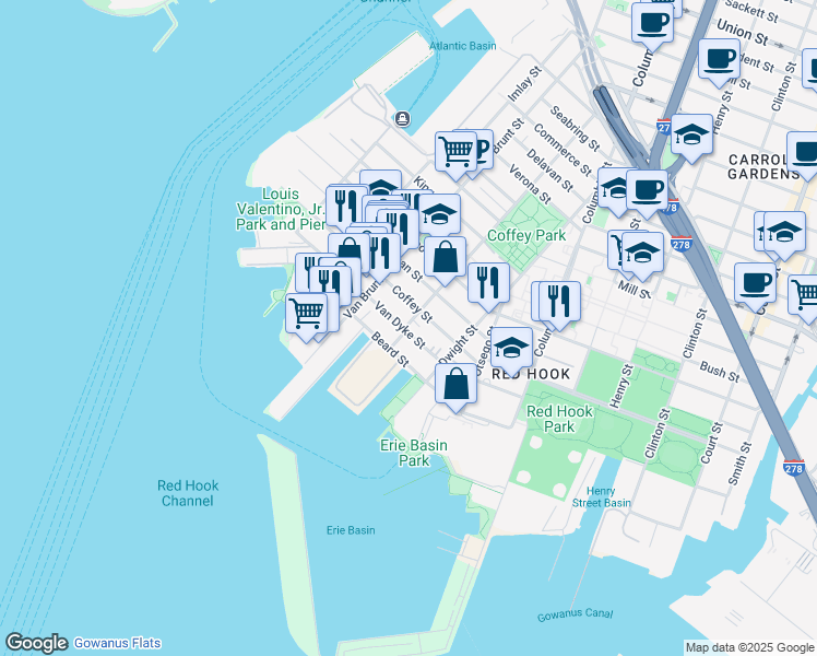 map of restaurants, bars, coffee shops, grocery stores, and more near 225 Richards Street in Brooklyn