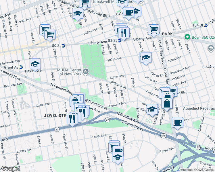 map of restaurants, bars, coffee shops, grocery stores, and more near 83-17 133rd Avenue in Queens