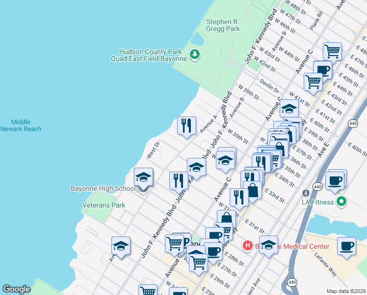 map of restaurants, bars, coffee shops, grocery stores, and more near 154 West 33rd Street in Bayonne