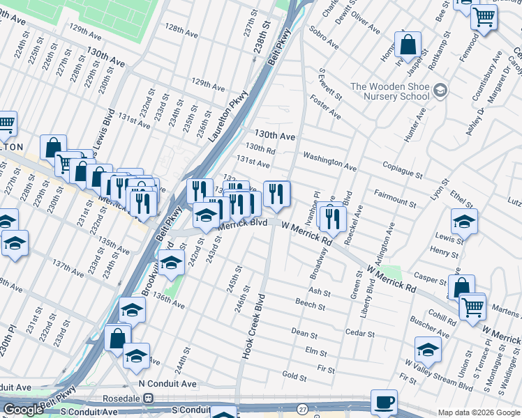 map of restaurants, bars, coffee shops, grocery stores, and more near 243-35 132nd Avenue in Queens