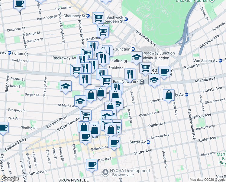 map of restaurants, bars, coffee shops, grocery stores, and more near 124 Sackman Street in Brooklyn