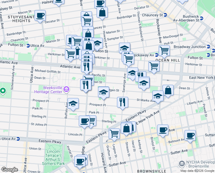 map of restaurants, bars, coffee shops, grocery stores, and more near 2083 Dean Street in Brooklyn