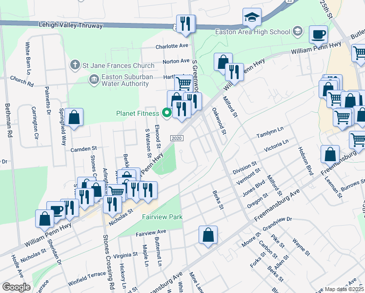 map of restaurants, bars, coffee shops, grocery stores, and more near 31 Rosemont Court in Easton