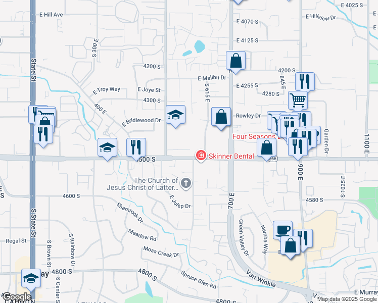 map of restaurants, bars, coffee shops, grocery stores, and more near 4483 South 500 East in Millcreek