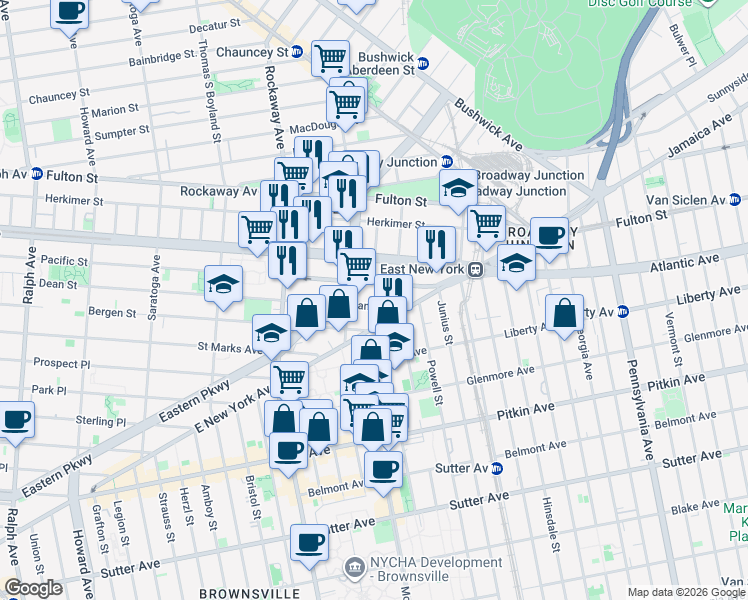 map of restaurants, bars, coffee shops, grocery stores, and more near 124 Sackman Street in Brooklyn