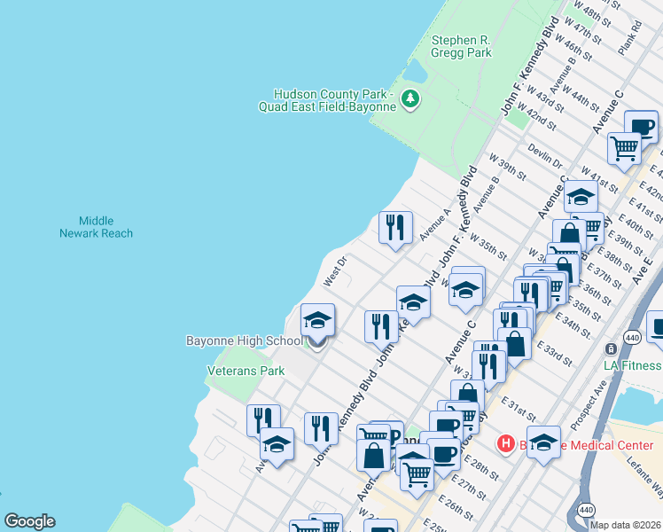map of restaurants, bars, coffee shops, grocery stores, and more near 29 West Drive in Bayonne