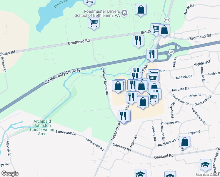 map of restaurants, bars, coffee shops, grocery stores, and more near 3864 Christian Spring Road in Bethlehem