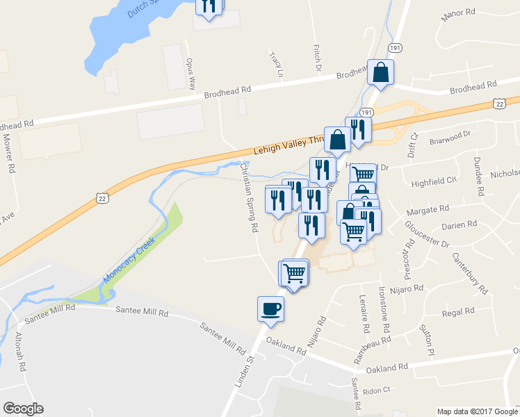 map of restaurants, bars, coffee shops, grocery stores, and more near 3864 Christian Spring Road in Bethlehem