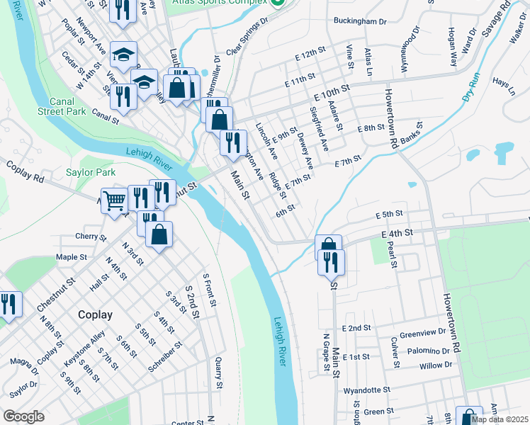 map of restaurants, bars, coffee shops, grocery stores, and more near 627 Main Street in Northampton