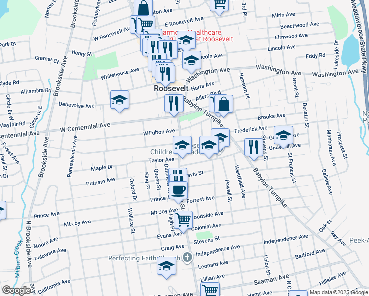 map of restaurants, bars, coffee shops, grocery stores, and more near 27 West Fulton Avenue in Roosevelt