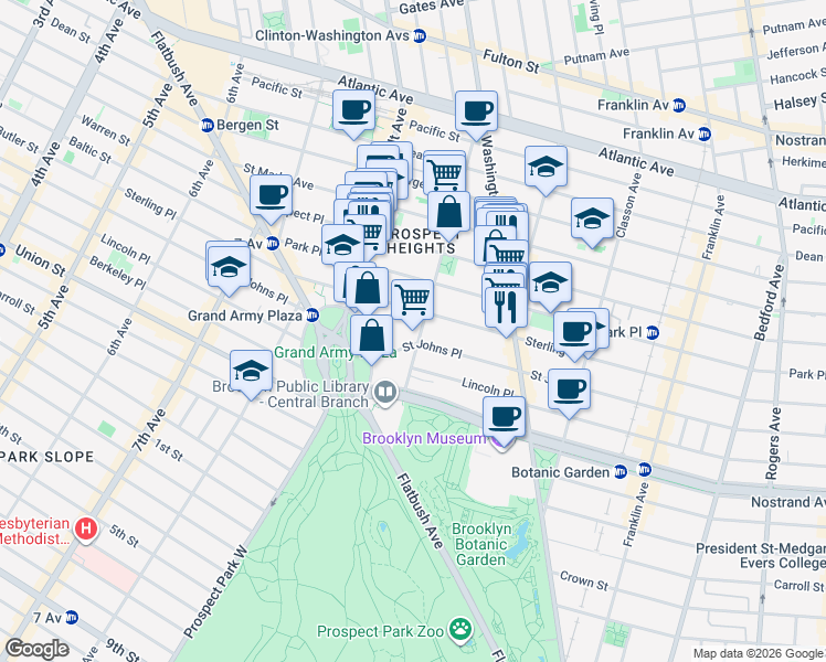 map of restaurants, bars, coffee shops, grocery stores, and more near 194 Underhill Avenue in Brooklyn