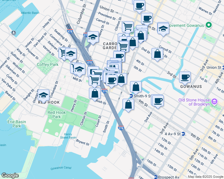 map of restaurants, bars, coffee shops, grocery stores, and more near 519 Court Street in Brooklyn