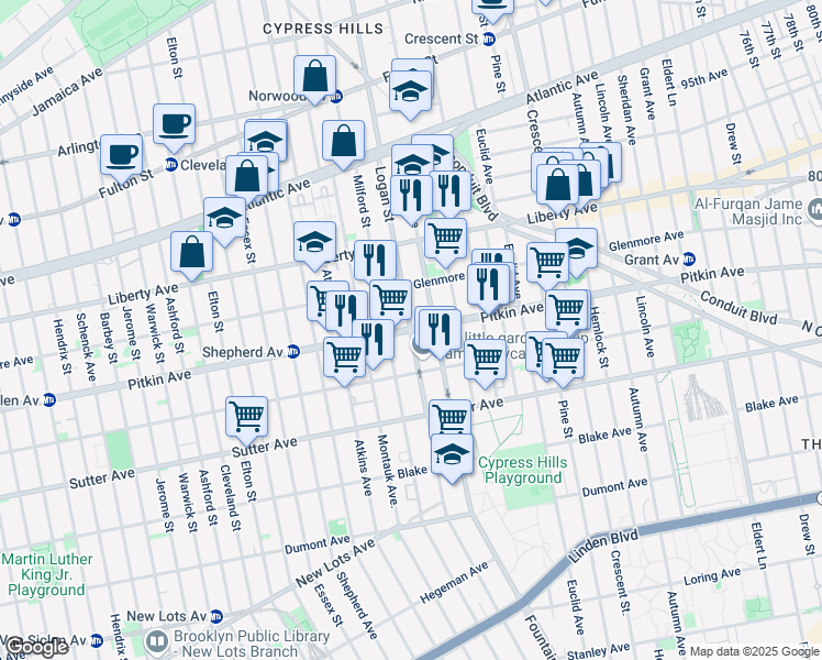map of restaurants, bars, coffee shops, grocery stores, and more near Pitkin Avenue & Logan Street in Brooklyn
