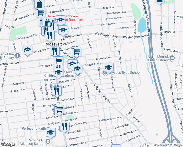 map of restaurants, bars, coffee shops, grocery stores, and more near 17 Gormley Avenue in Roosevelt