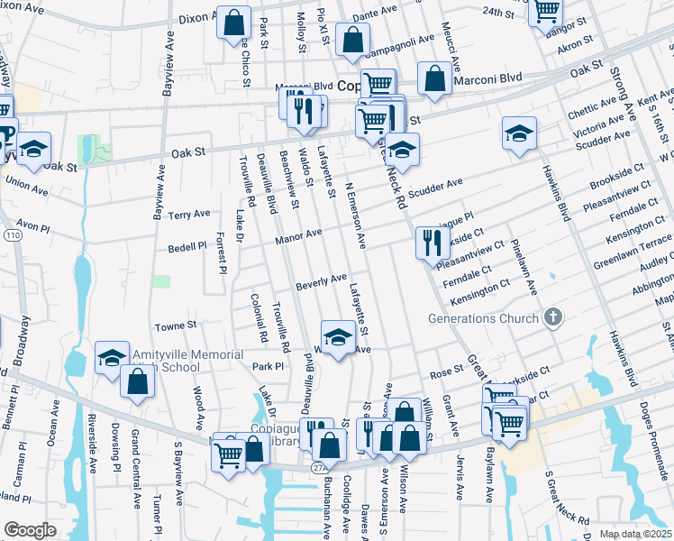map of restaurants, bars, coffee shops, grocery stores, and more near 251 Lafayette Street in Copiague