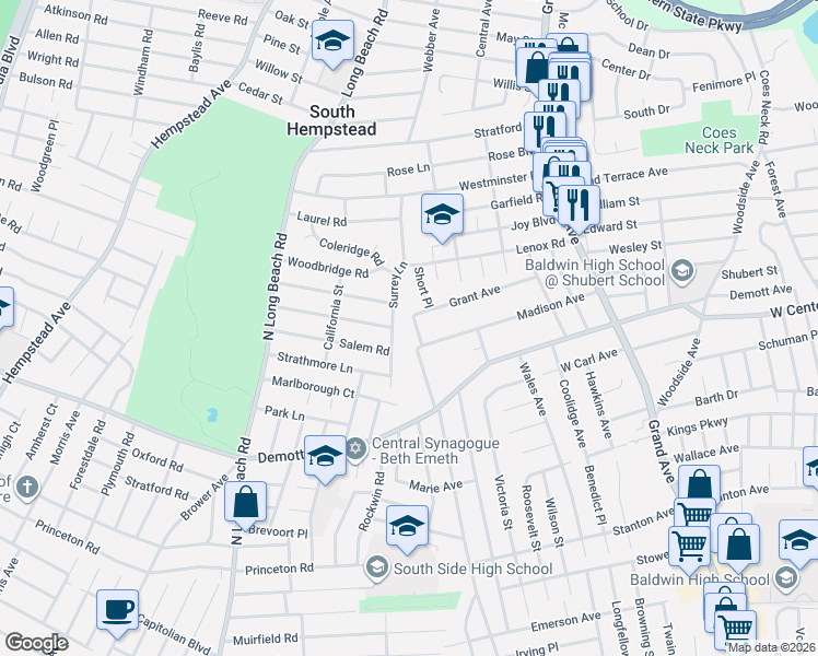 map of restaurants, bars, coffee shops, grocery stores, and more near 1352 Short Place in Baldwin