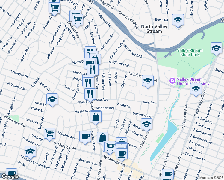 map of restaurants, bars, coffee shops, grocery stores, and more near 62 Gates Avenue in Valley Stream