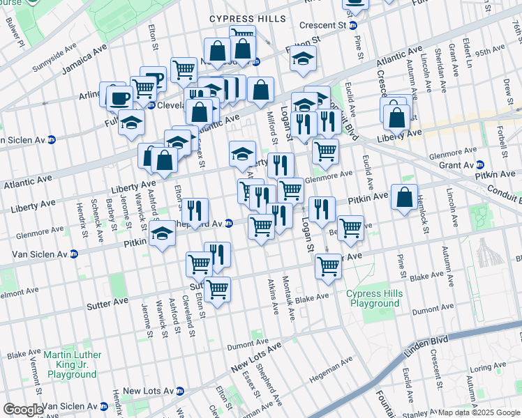 map of restaurants, bars, coffee shops, grocery stores, and more near 836 Glenmore Avenue in Brooklyn