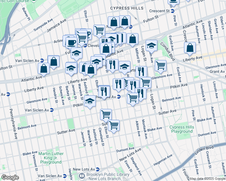 map of restaurants, bars, coffee shops, grocery stores, and more near 793 Glenmore Avenue in Brooklyn