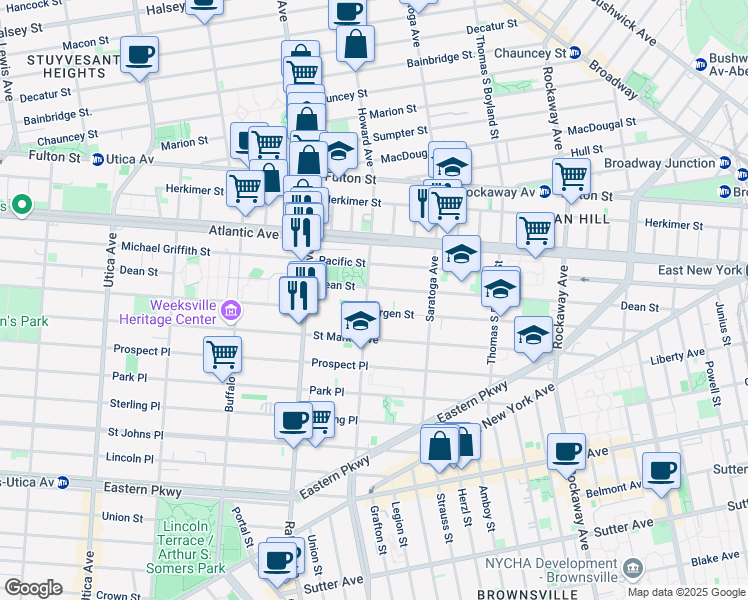 map of restaurants, bars, coffee shops, grocery stores, and more near 2083 Dean Street in Brooklyn