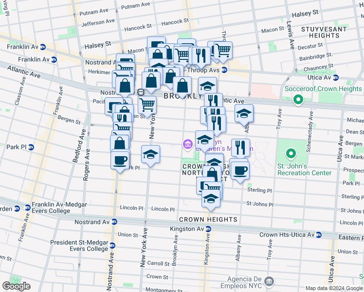 map of restaurants, bars, coffee shops, grocery stores, and more near 127 Brooklyn Avenue in Brooklyn